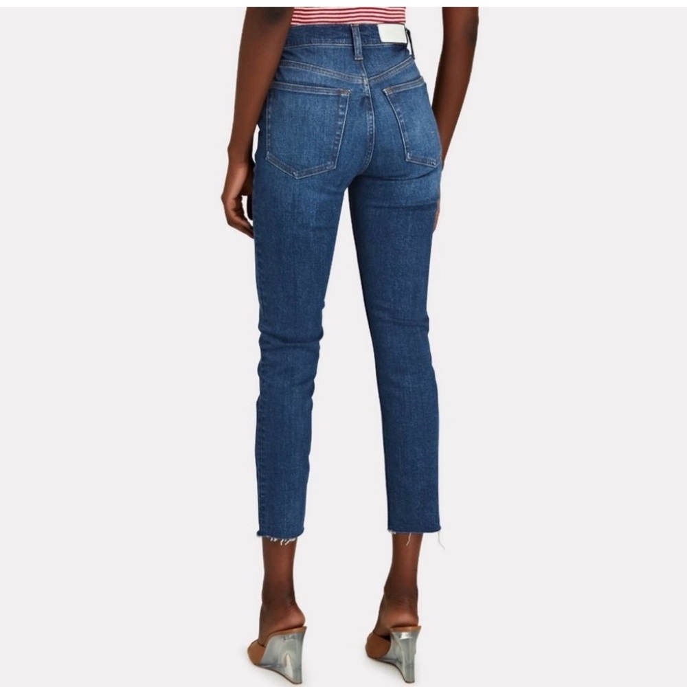RE/DONE 90s High Rise Ankle Crop Royal Fade Distressed Hem Button Fly Jean 25